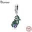 bamoer Genuine 925 Sterling Peacock Feather Metal Charm for Original Women Silver Bracelet DIY Jewelry Making beads SCC1704