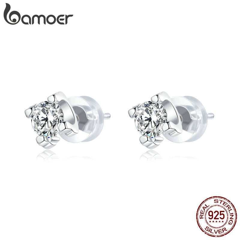 bamoer Silver 925 Simple Zircon Earrings  for Women CZ Statement Hypoallergenic Jewelry Gifts for Kids silver earring SCE974