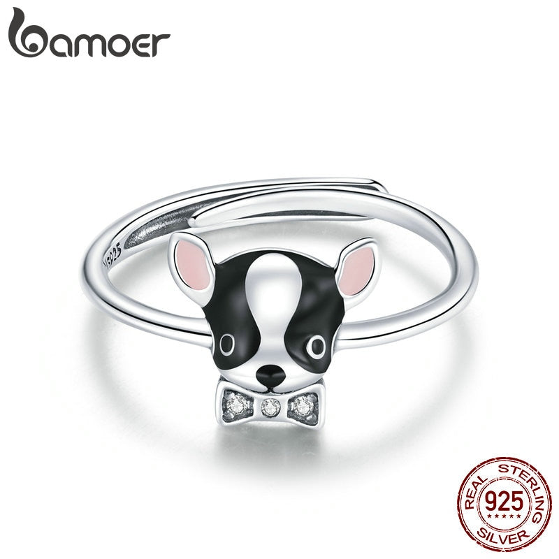bamoer Sterling Silver 925 Signet Ring Cute Puppy Finger Ring Open for Women Free Size Korean Style silver Jewelry SCR695