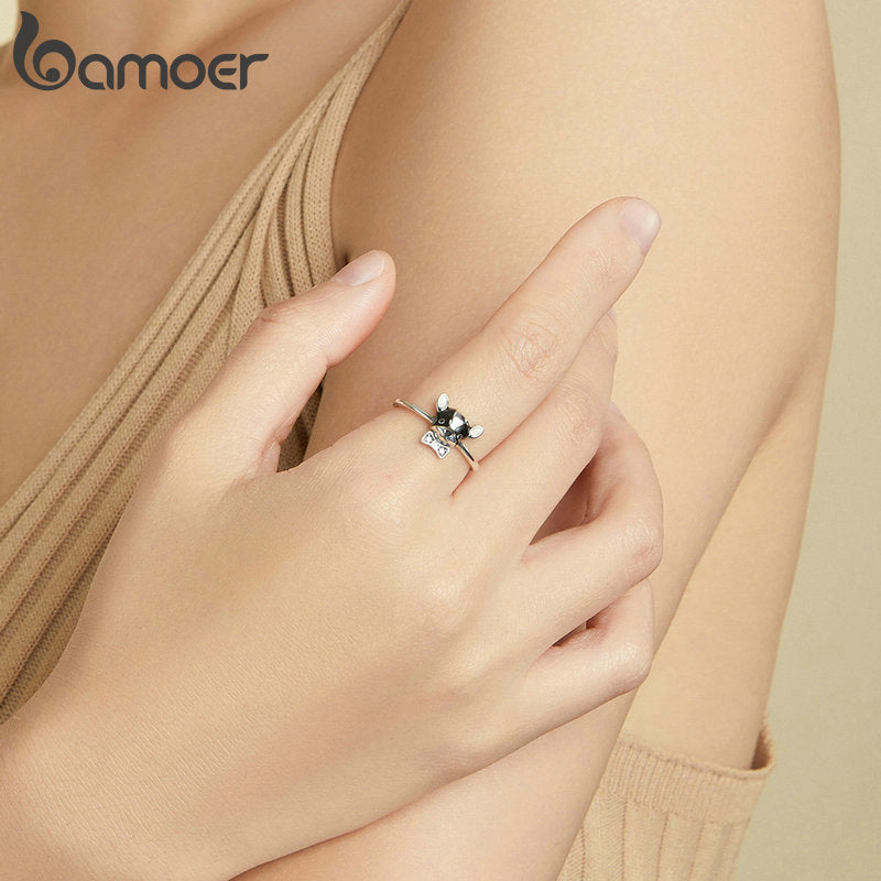 bamoer Sterling Silver 925 Signet Ring Cute Puppy Finger Ring Open for Women Free Size Korean Style silver Jewelry SCR695