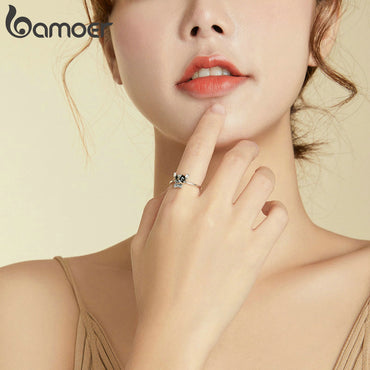 bamoer Sterling Silver 925 Signet Ring Cute Puppy Finger Ring Open for Women Free Size Korean Style silver Jewelry SCR695