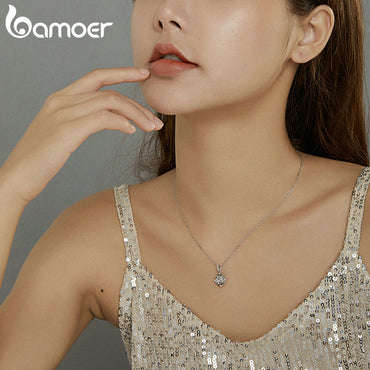 bamoer Authentic 925 Sterling Silver Moon & Stars Chain Necklace White Enamel Jewelry Gift for Health Professional SCN428