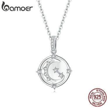 bamoer Authentic 925 Sterling Silver Moon & Stars Chain Necklace White Enamel Jewelry Gift for Health Professional SCN428