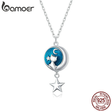 bamoer Genuine 925 Sterling Silver GeometricMoon & Cat Pendant Necklace for Women Lover Couple Jewelry Gift 45cm SCN422