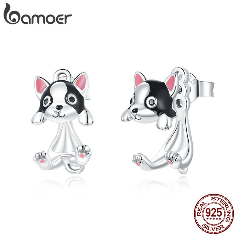 bamoer Sterling Silver Earrings for Women Geometric Earrings Cute Puppy Silver Jewelry  for women Girl Kids earring SCE978