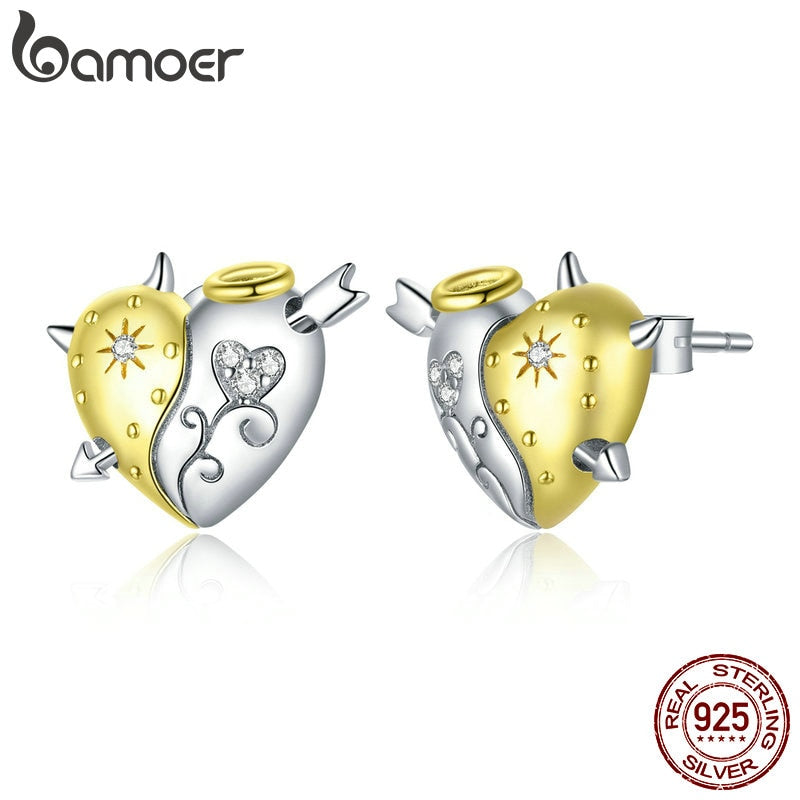 bamoer Genuine 925 Sterling Silver Angel and Demon Ear Studs Stud Earrings for Women Animal Fashion Jewelry Orecchini SCE973