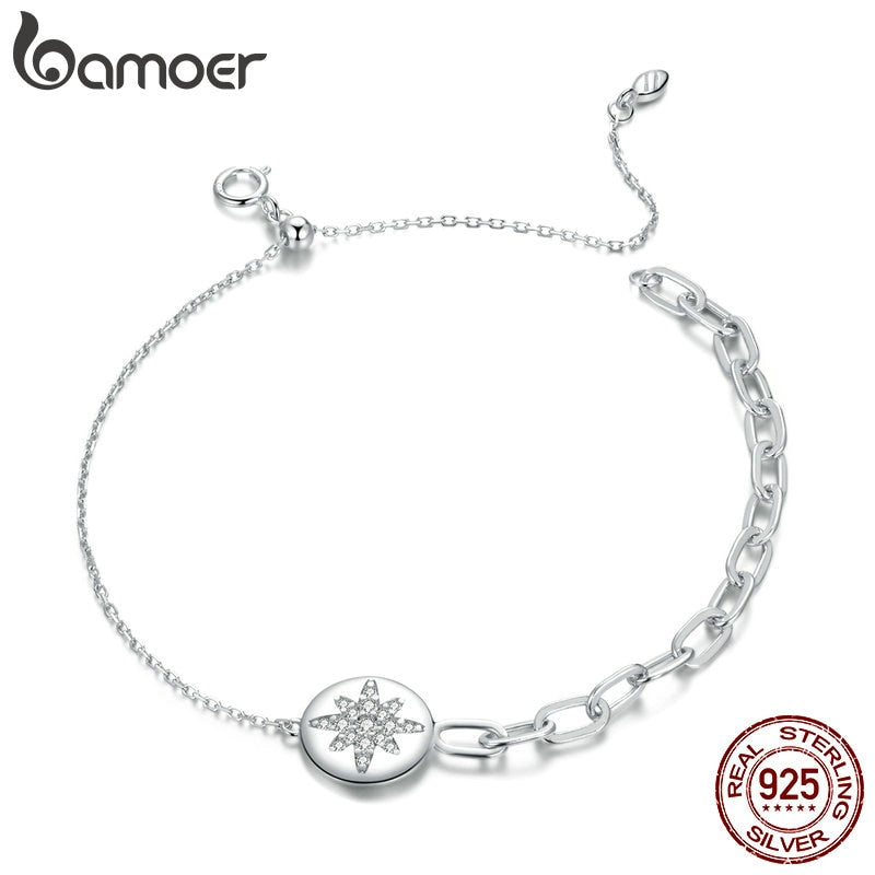 bamoer Shining Star Link Chain Bracelets for Women 925 Sterling Silver Bracelets with Charms Anniversary jewerly Gifts SCB199