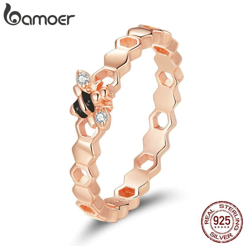 bamoer 925 Sterling Silver Honeycomb Ring Finger Rings for Women Simple Texture Ring Rings Band Silver Fine Jewelry BSR159