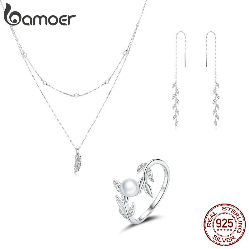 bamoer 925 Sterling Shiny Wheat Ears CZ Ring Earrings and Necklace Jewelry Sets for Women Fine Wedding  Jwelry Set ZHS219