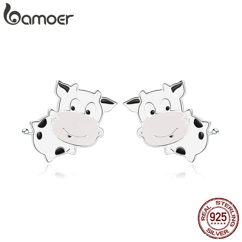 bamoer 925 Sterling Silver Jewelry Gift with Cute COW CZ Light Stud Earrings for Women Girls Gift Statement Jewelry SCE983