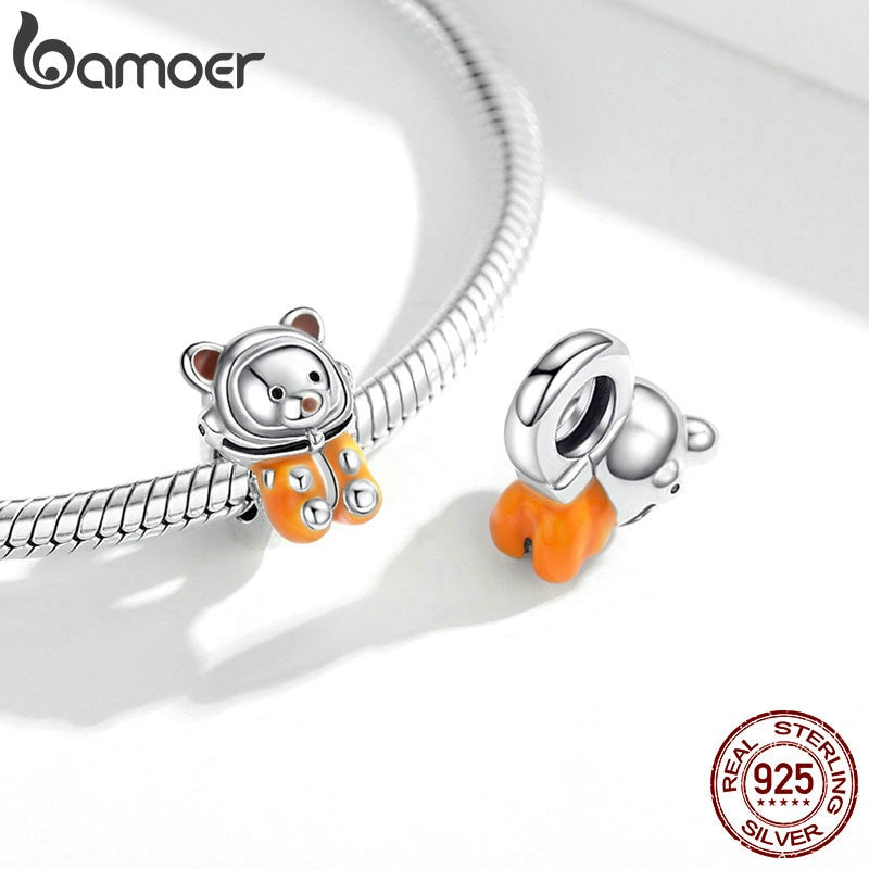 bamoer Space Bear Metal Beads Sterling Silver 925 Charm fit Original Silver Bracelet DIY Jewelry make silver beads SCC1693