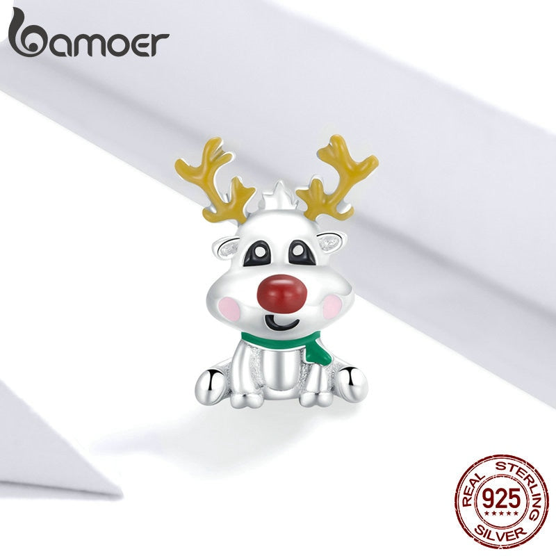 bamoer Cute Reindeer Metal Beads for Women 925 Sterling Plated Silver Charm Beads Jewelry Making for Bracelet Bangle GAC375