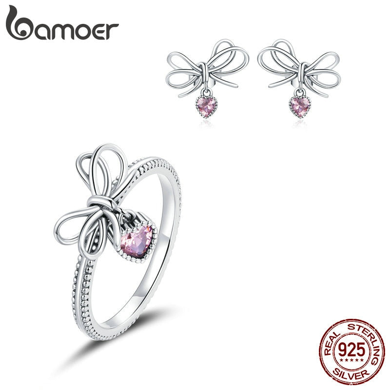 bamoer 925 Sterling Silver Gift with Bow Earrings and Finger Rings for Women Jewelry Sets Fine Jewelry Accessories ZHS216