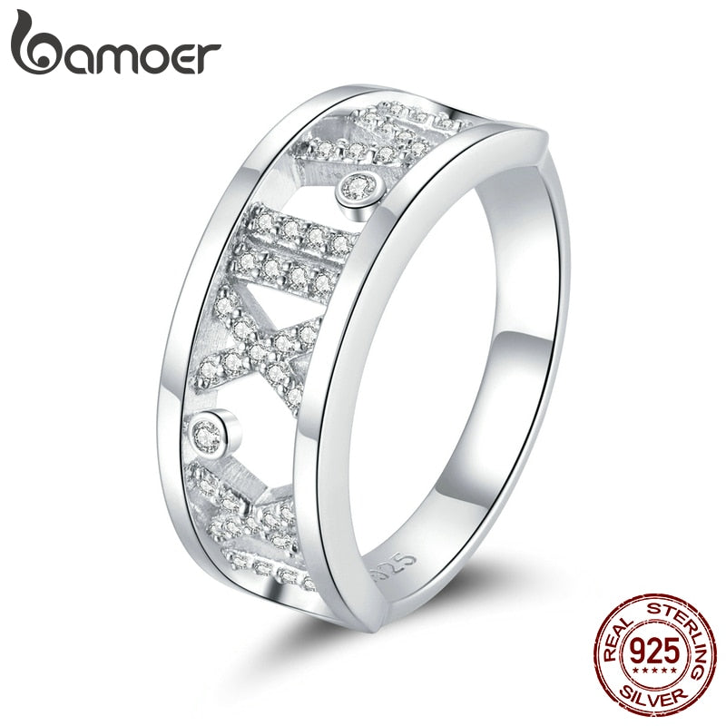 bamoer 925 Sterling Silver Gift with Bow Finger Rings for Women Roman Numeral Ring Rings Band Silver Fine Jewelry GXR687