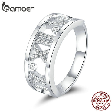 bamoer 925 Sterling Silver Gift with Bow Finger Rings for Women Roman Numeral Ring Rings Band Silver Fine Jewelry GXR687