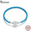 bamoer 925 Sterling Silver Snowflke Clip with Blue Leather Bracelet for Charm Pendant DIY Bracelet Jewelry GXB196