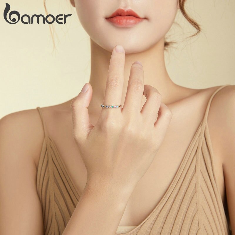 bamoer Sterling Silver 925 CZ Signet Ring Engrave Rainbow Finger Rings for Women wedding ring Size Korean Style Jewelry SCR697