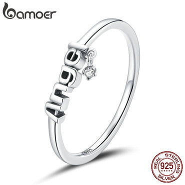 bamoer Real 925 Sterling Silver Round letter angel Ring For Fashion Women Cute Fine Jewelry 2020 wedding Accessories Gift SCR696