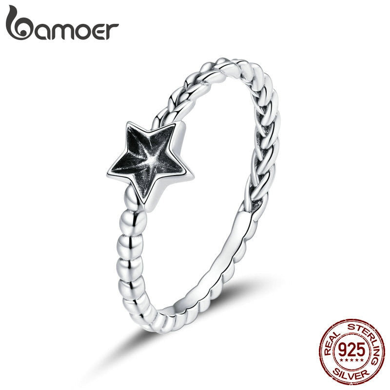 bamoer 925 Sterling Silver Star Finger Rings for Women Shiny Wheat Ears wedding Rings Band Silver Fine XMAS Jewelry BSR160