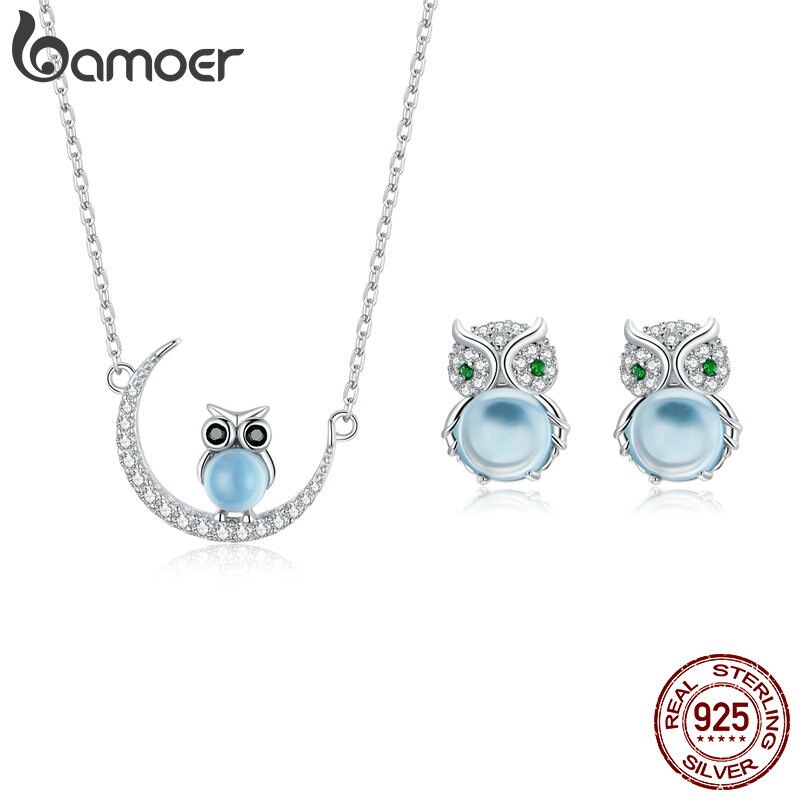 bamoer 925 Sterling Moon & Owl Ears CZ Earrings and Necklace Jewelry Sets for Women Fine Wedding women gift Jwelry Set ZHS220