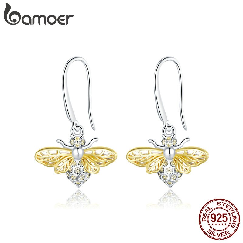 bamoer Geometric Earrings 925 Sterling Silver Earrings for Women  Shiny Bees Silver Jewelry  for women Girls Kids earring BSE452