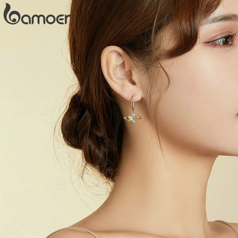 bamoer Geometric Earrings 925 Sterling Silver Earrings for Women  Shiny Bees Silver Jewelry  for women Girls Kids earring BSE452