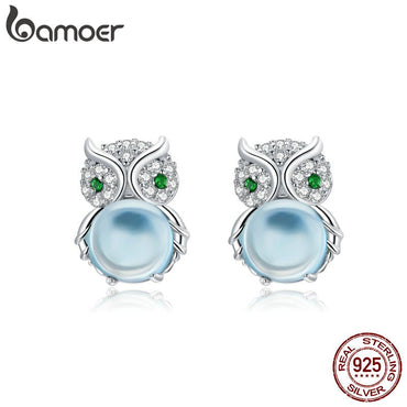 bamoer 925 Sterling Silver Jewelry Gift with Owl Earrings CZ Light Stud Earrings for Women Girls Gift Statement Jewelry BSE450