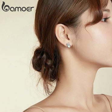 bamoer 925 Sterling Silver Jewelry Gift with Owl Earrings CZ Light Stud Earrings for Women Girls Gift Statement Jewelry BSE450