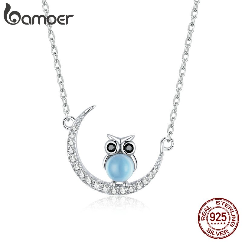 bamoer Sterling Silver 925 Moon & Owl Plated platinum Pendant Necklace for Women Chain Necklaces women gift party Jewelry BSN209