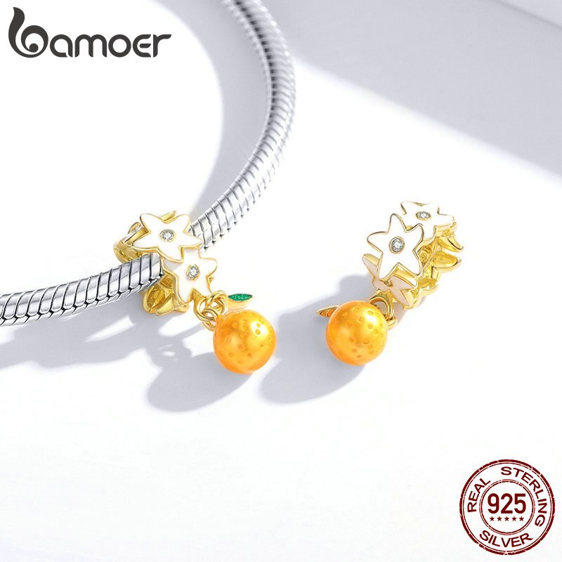 bamoer 925 Sterling Silver CZ Orange Fruit Charm Beads for Original Bracelet Silver 925 DIY Jewelry charm Accessories SCC1715