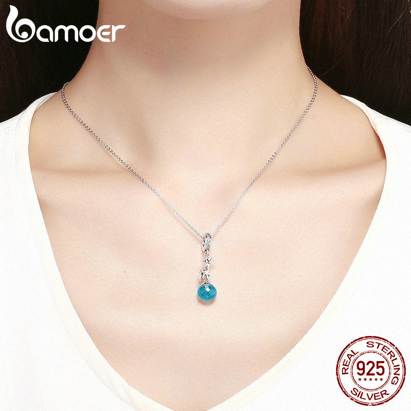 BAMOER Real 925 Sterling Silver Christmas Deer Lovely Elk Pendant Blue Crystal Charms Fit Bracelets & Necklaces Jewelry SCC1010