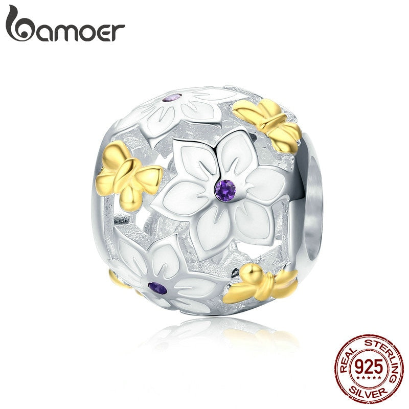 BAMOER 100% 925 Sterling Silver Spring Collection Flower & Butterfly Enamel Charm Beads fit Charm Bracelet Fine Jewelry SCC546