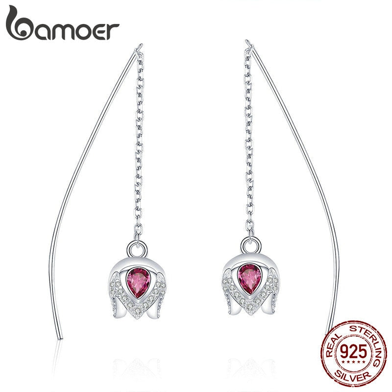 BAMOER Real 925 Sterling Silver Romantic Tulip Flower Shape Drop Earrings for Women Pink CZ Sterling Silver Jewelry SCE504