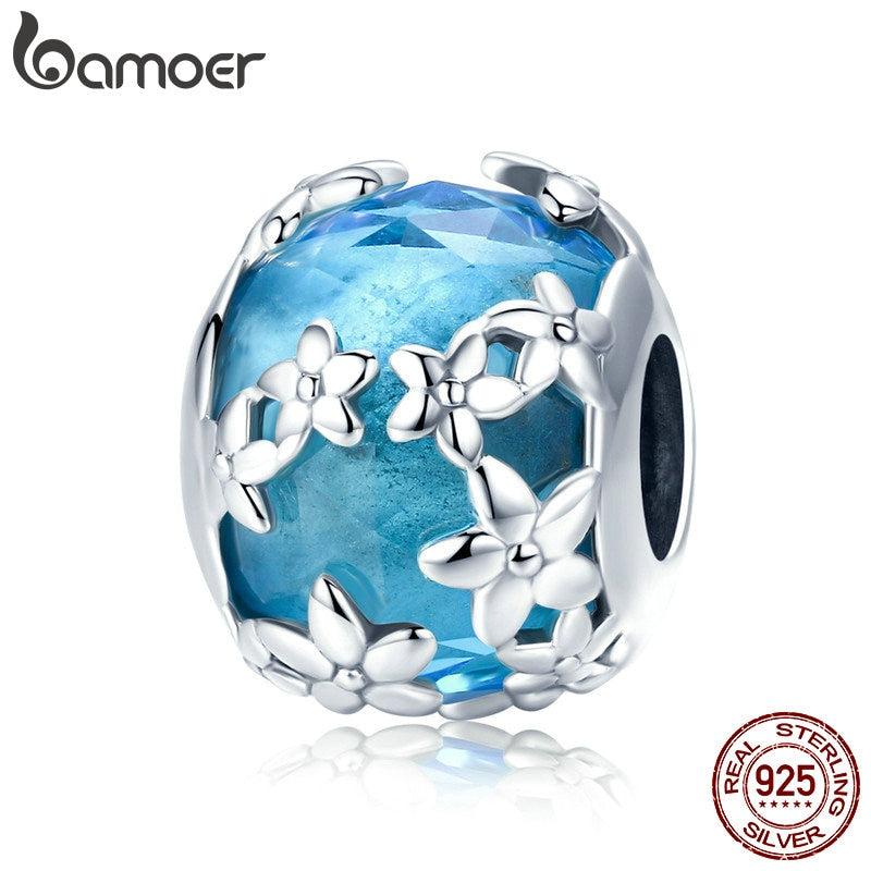 BAMOER 100% 925 Sterling Silver Daisies Daisy Flower Blue CZ Crystal Beads Charm fit Charm Bracelet DIY Jewelry Making SCC878