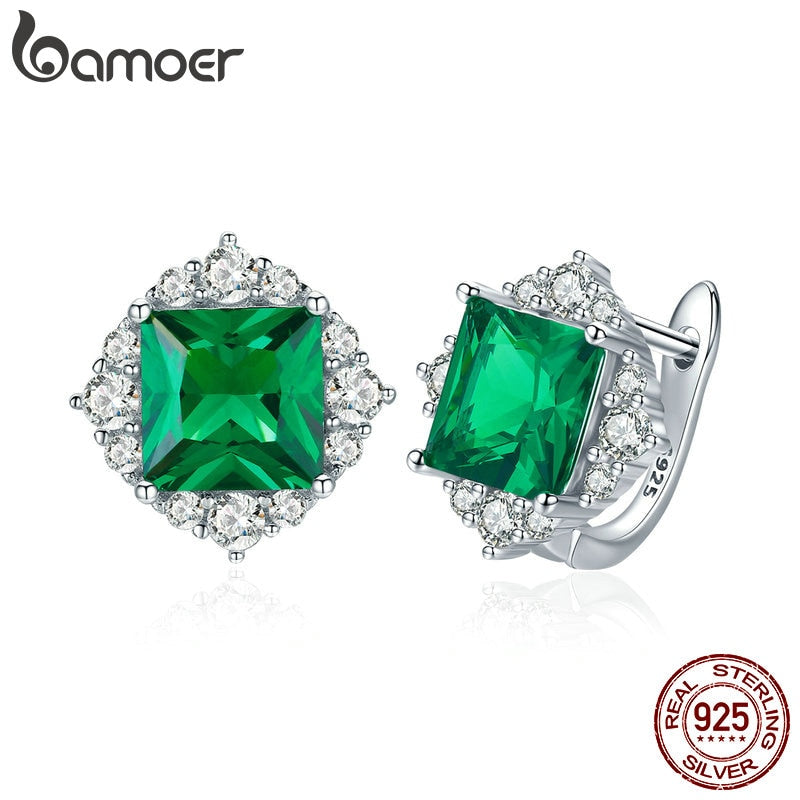 BAMOER Classic Genuine 925 Sterling Silver Green Square Zircon Stud Earrings for Women Wedding Earrings Silver Jewelry SCE540