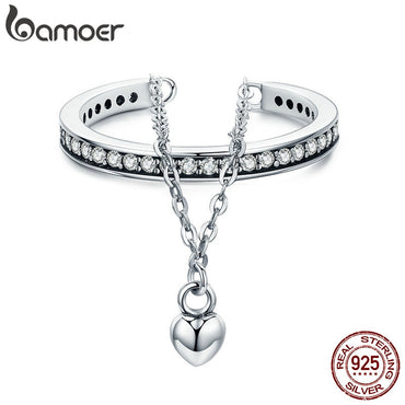BAMOER High Quality 100% 925 Sterling Silver Stackable Clear CZ Heart Chain Double Layer Ring for Women Wedding Jewelry SCR291
