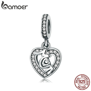 BAMOER Genuine 100% 925 Sterling Silver Mom in Heart Pendant Charm fit Women Bracelets DIY Jewelry Making Mother Gift SCC789