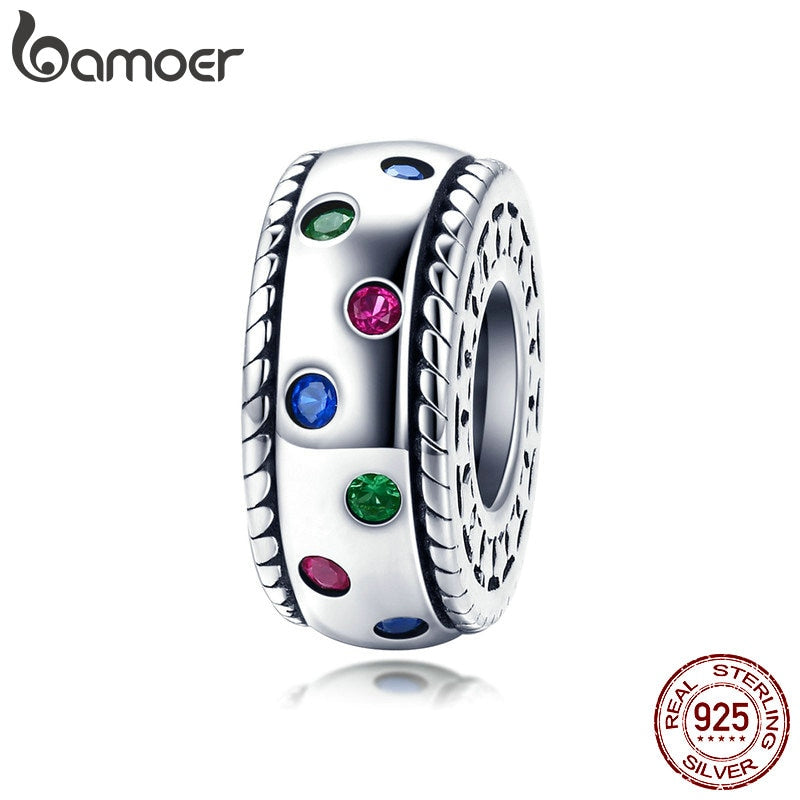 BAMOER Hot Sale 100% 925 Sterling Silver Rainbow Colorful CZ Spacer Charm Beads Fit Charm Bracelets Bangles Jewelry SCC1005