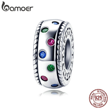 BAMOER Hot Sale 100% 925 Sterling Silver Rainbow Colorful CZ Spacer Charm Beads Fit Charm Bracelets Bangles Jewelry SCC1005