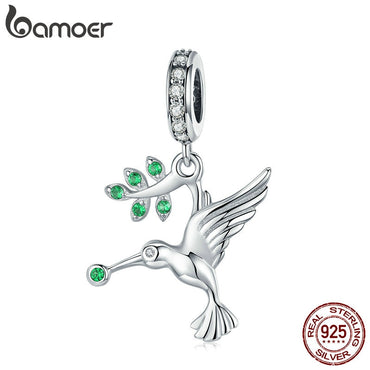 BAMOER 925 Sterling Silver Bird Hummingbirds Pendant Animal Bird Charms Fit for Charm Bracelets & Bangles Silver Jewelry SCC982