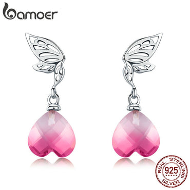 BAMOER New Arrival 925 Sterling Silver Hope Wings Pink Crystal Heart Drop Earrings for Women Wedding Engagement Jewelry BSE015