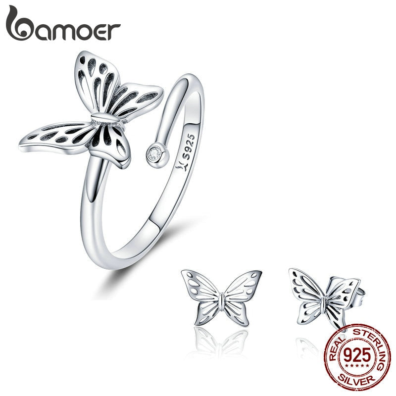 BAMOER Authentic 925 Sterling Silver Jewelry Set Vintage Butterfly Rings & Earrings Jewelry Sets Wedding Engagement Jewelry
