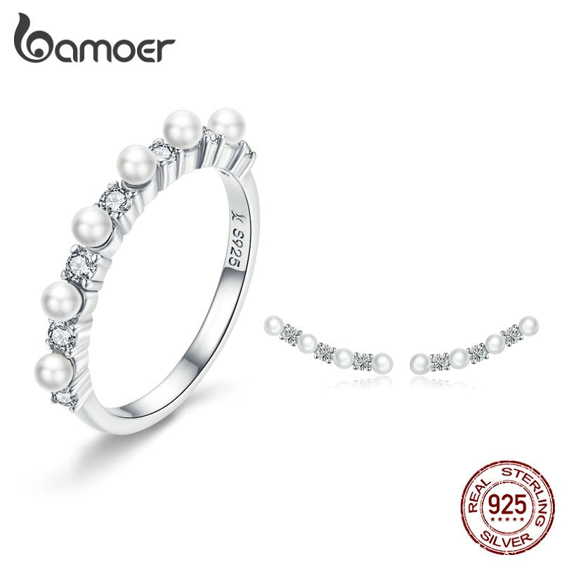 BAMOER Pearl Jewelry Sets 925 Silver Stackable Finger Ring and Earrings for Women Elegant Fine Jewelry Female Gifts ZHS116