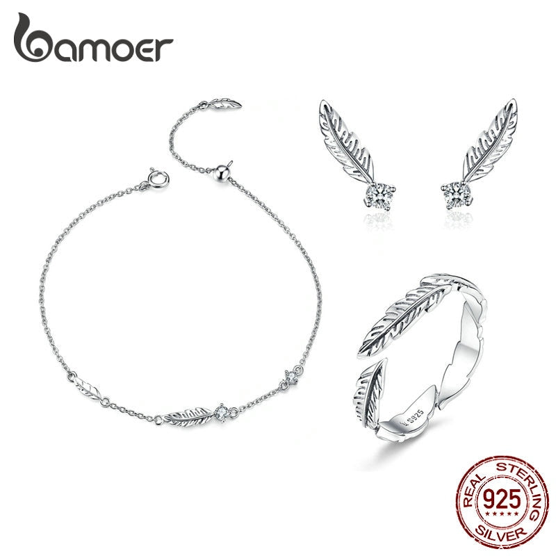 BAMOER Jewelry Sets 925 Sterling Silver Bohemia Summer Feather Bracelet Earrings Finger Rings for Women Jewelry Gifts ZHS115