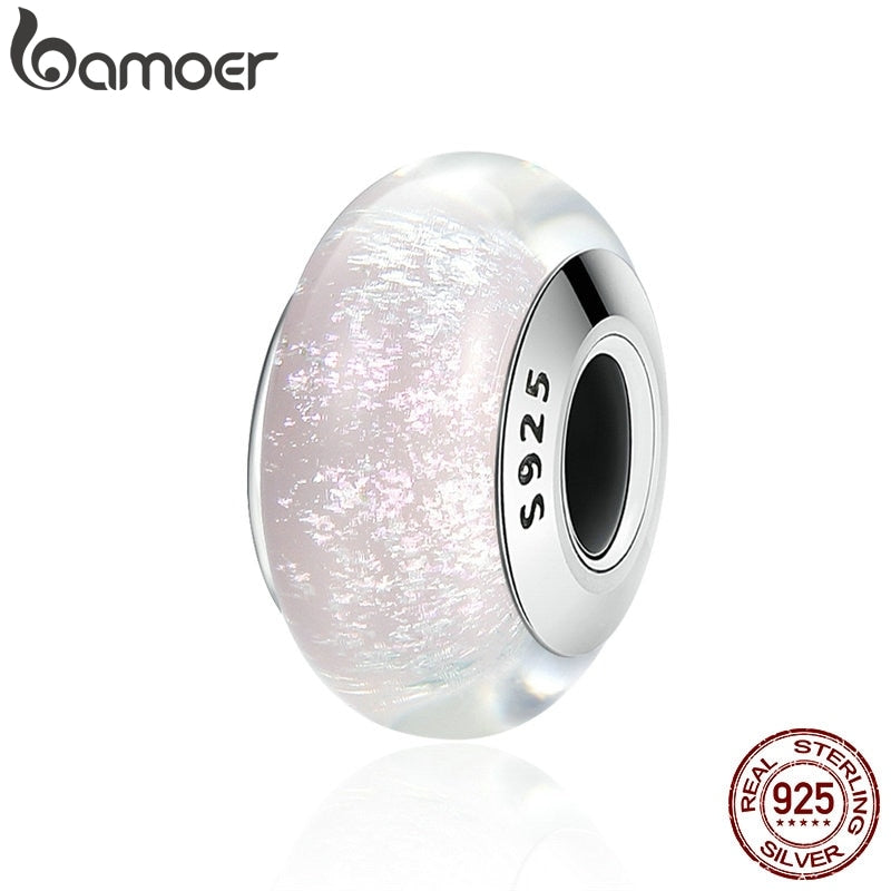 BAMOER Genuine 925 Sterling Silver White Pattern European Murano Glass Charm Beads fit Women Bracelets & Bangles Jewelry SCZ065