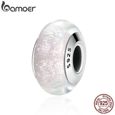 BAMOER Genuine 925 Sterling Silver White Pattern European Murano Glass Charm Beads fit Women Bracelets & Bangles Jewelry SCZ065