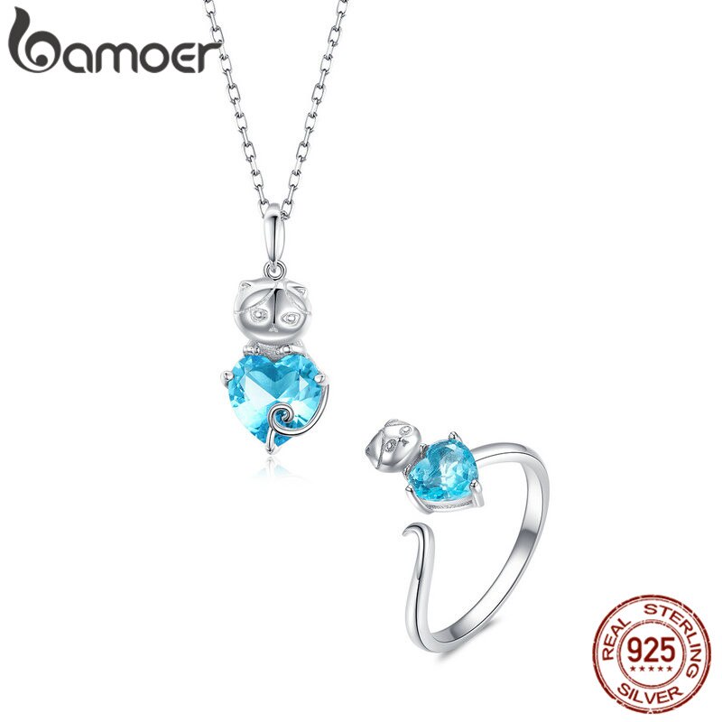 bamoer Ocean Blue Starfish Necklace Earrings Jewelry Sets Authentic 925 Sterling Silver AAA Zirconia Stone Jewelry ZHS127